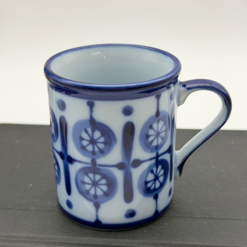 Nordic Hand Painted Blue White Geometric Folk Art Ceramic Coffee Mug